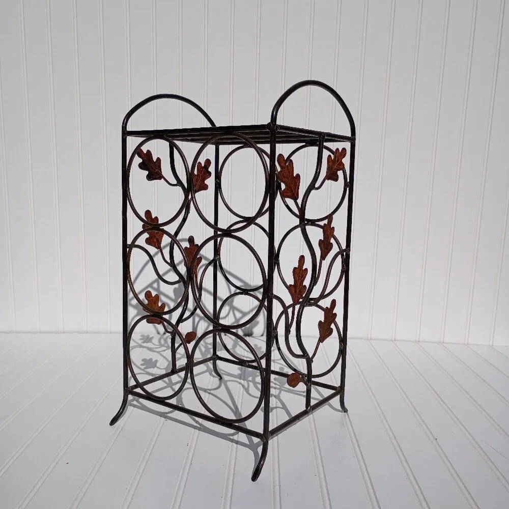 Wrought Iron Wine Rack 6 Bottle Holder Rust Leaf Accents Vintage Shelf Bronze